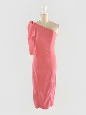 Marina Midi Crepe Dress One Shoulder Bow Accent In Coral Size XS